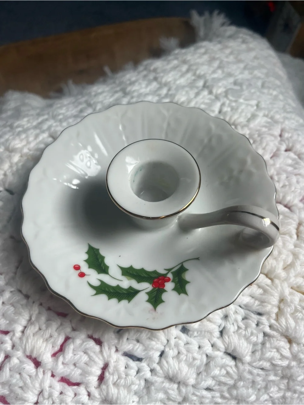 Red Taper Candle in Vintage White Holly Porcelain Chamberstick - Japan
